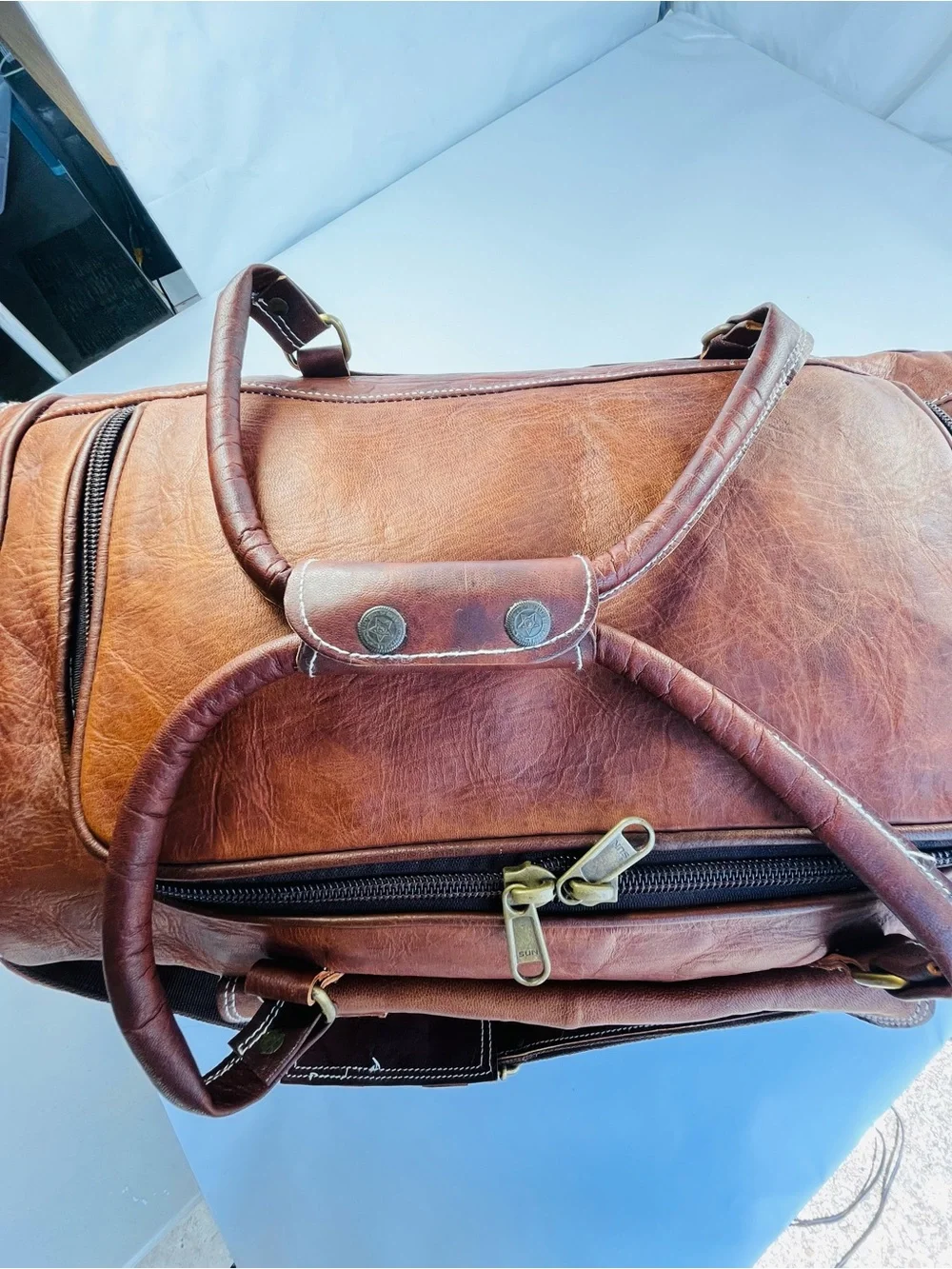 Classic Genuine Brown Leather Traveler Weekender Duffel Bag (Hand Made)